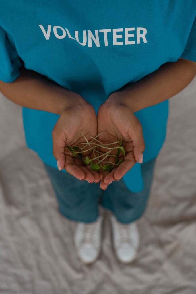 pexels-photo-7475170-7475170 Person wearing a blue volunteer shirt holds green seedlings in cupped hands, symbolizing growth and service.